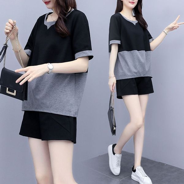 

oymxs 2020 short sleeve piece suit size suit fashion summer women's new loose and thin temperament korean casual two large set for wome, Gray