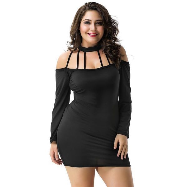 

plus size 5xl dress full sleeve sheath 2020 autumn dress casual black above knee black bodycon slim strappy halter dress r70076, Black;gray