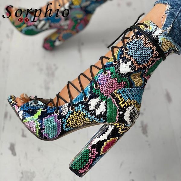

sorphio 2020 trendy colorful animal print sandals high block heels party sandals women classic lace-up gladiator shoes woman1, Black
