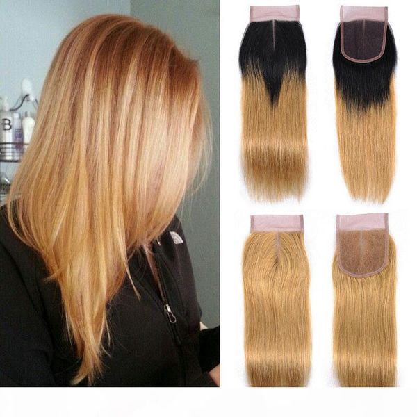 

#27 honey blonde pure color #1b 27 dark root blonde ombre color natural black straight closure hair brazilian peruvian malaysian hair weaves, Black;brown