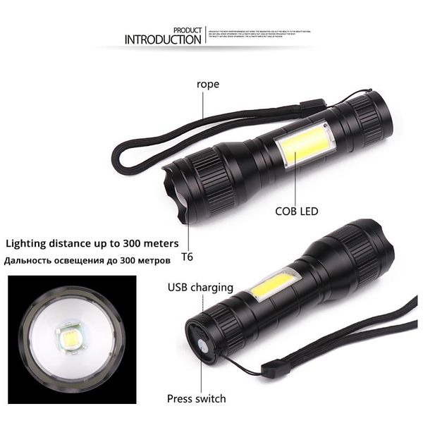 

waterproof rechargeable led flashlight t6 led cob 3 lighting modes torch support zoom side cob lamp suitable for campingetc. sqchqq