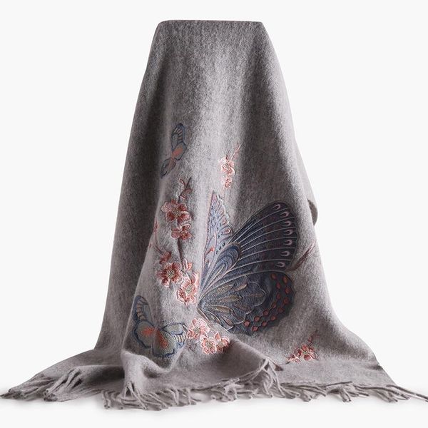 

wool scarf women butterfly embroidery tassels wool shawls wraps ladies winter fashion large size thick warm sheep scarves, Blue;gray