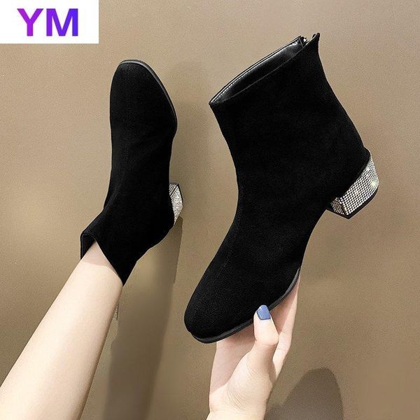 

2020 womens ankle boots solid fashion rhinestone heel footwear med heel non-slip zipper round toe ladies boots botas de mujer, Black