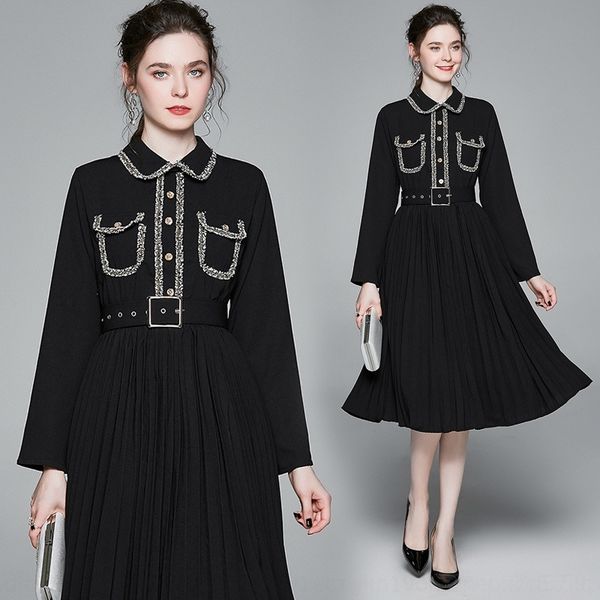 

9nvac 2020 spring and autumn new women's dress dressdoll dressfashion doll sleeve long color waist mid-length solid collar pleated dres, Black;gray