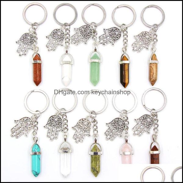 

keychains fashion accessories natural crystal hexagon stone fatima hand charm car bag key chain ring for men and women drop delivery 2021 h1, Silver