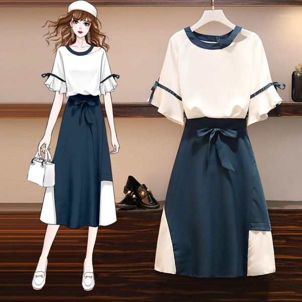 

2020 new summer women clothes fashion short sleeved t shirt + ladies hgih waist long patchwork skirt two pieces set z161, White