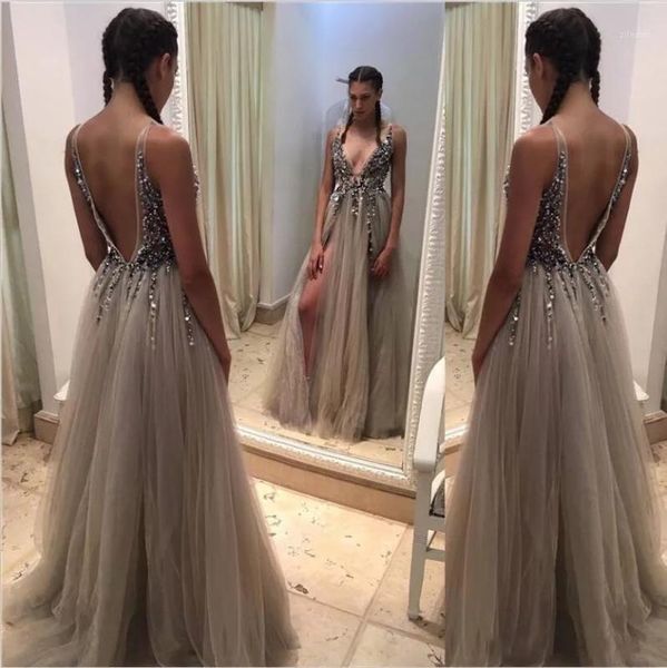 

beading prom dresses long 2019 v neck gray high split tulle sweep train sleeveless evening gown a-line backless vestido de noche1, White;black