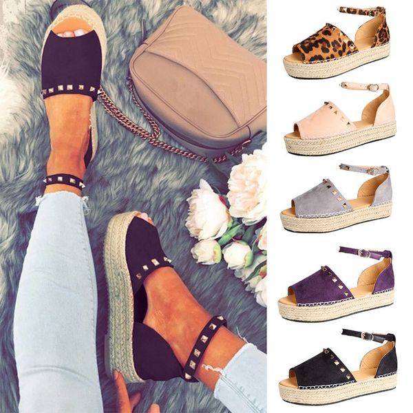 

summer rivet suede ankle buckle peep toe sandals women sandals wedge platform shoes female light thick bottom sandals plus size y200702, Black