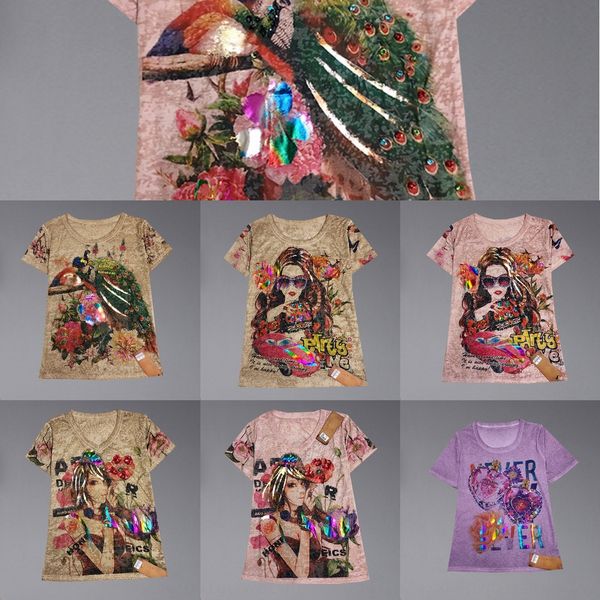 

2020 summer new colors women's short sleeve slim heavy industry nail bead sequin print t-shirt personalized sequinst-shirt sequinsjc, White