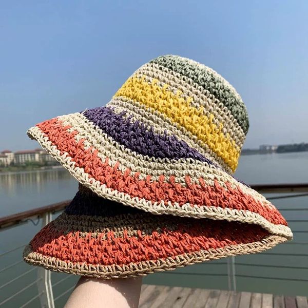 

Summer Beach Hat Fashion Sunhat Hand Crochet Patch Rainbow Color Foldable Spring Stylish Floppy Straw Hat Women, Blue;gray