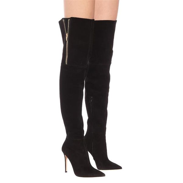 

women fashion yechne thigh high boots fashion suede leather high heels lace up female over the knee boots plus size shoes, Black