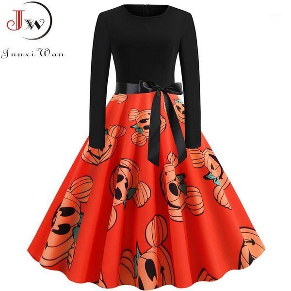 

women vintage dress halloween costumes black patchwork long sleeve pumpkin print party dresses casual autumn winter midi vestido1, Black;gray