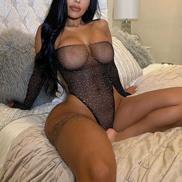 

omsj lady glitter rhinestones slash neck bodysuit fishing net mesh transparent full sleeve backless slim club party rompers, Black;white
