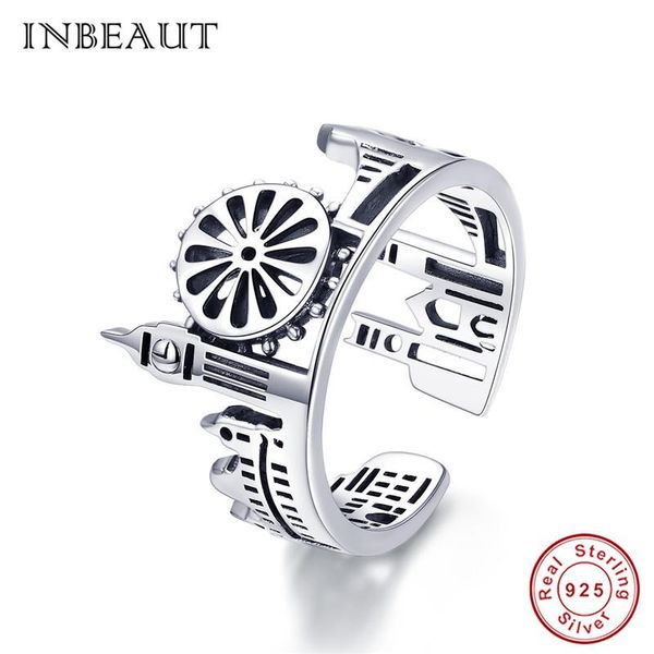 

cluster rings inbeaut 100% real 925 sterling sliver bridge clock tower sky city open ring trendy air garden castle adjustable for women, Golden;silver