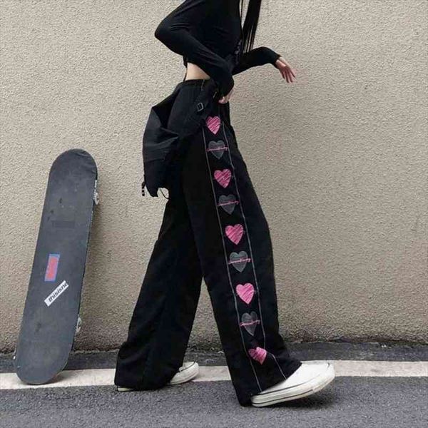 

black korean heart print pants cute girl harajuku trousers female streetwear summer autumn fashion gothic sweatpants women, Black;white
