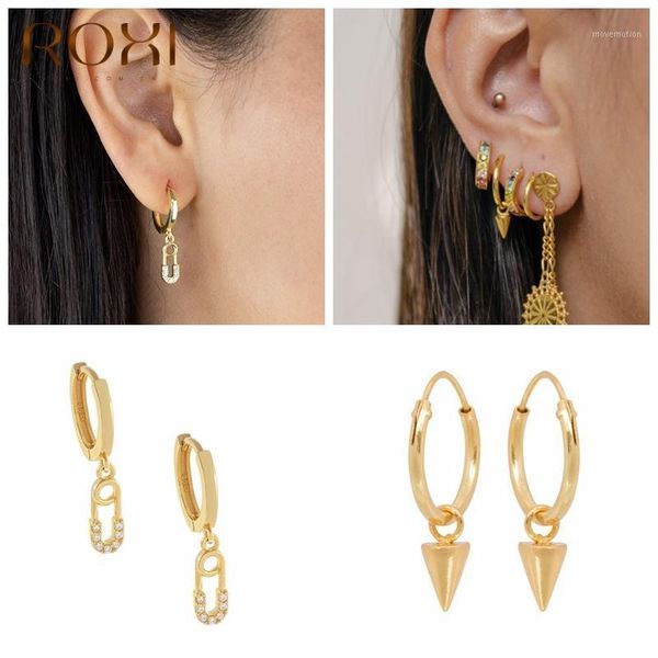

roxi lovely mini gemstones pin hoop earrings for women men glossy cone wedding jewelry earrings 925 sterling silver orecchini1, Golden;silver