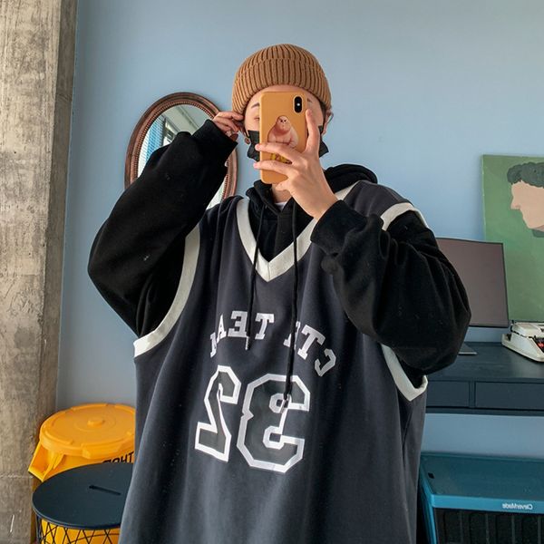 

поддельные из двух частей свитера мужского толстовка ins рыхлой пары свитера hoodie sweaterles плюша trendspring износ xii8e 2020 супер горя, Black