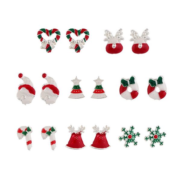 

christmas stud earrings set 8pairs/set deer christmas tree snowman santa claus snowflake studs fashion earring jewelry for women accessories, Golden;silver