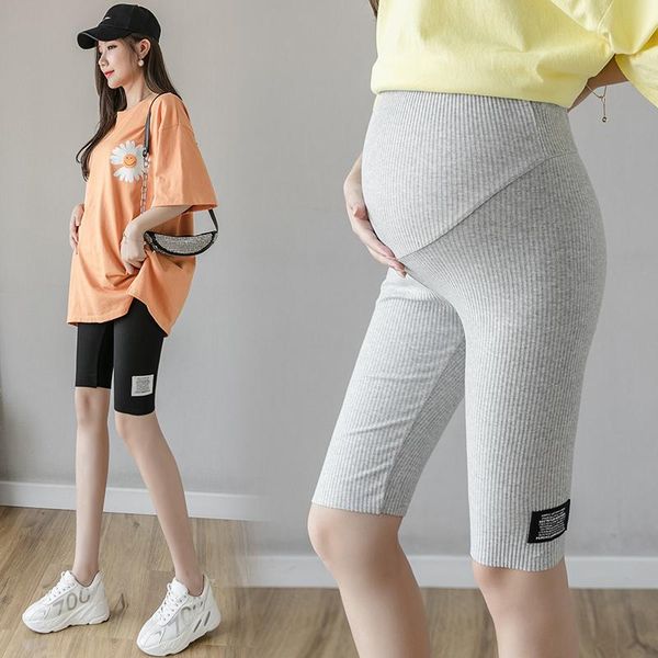 

090# summer maternity half legging high waist belly skinny pencil legging for pregnant women sport pregnancy short legging, White