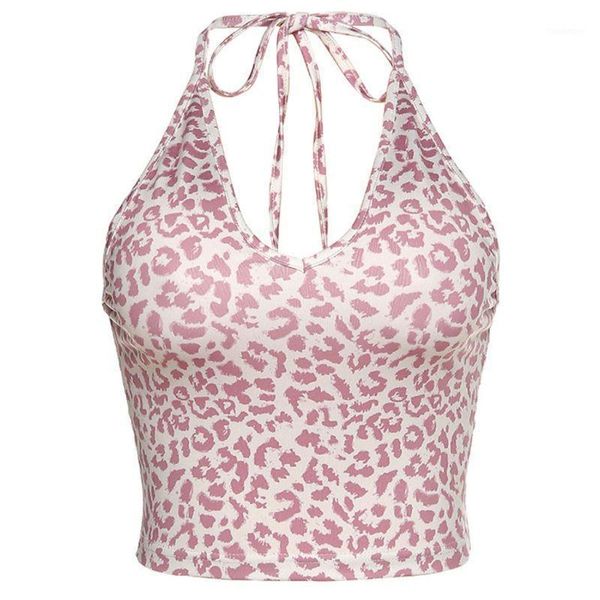 

women sleeveless halter crop vintage leopard v-neck backless camis vest1, White
