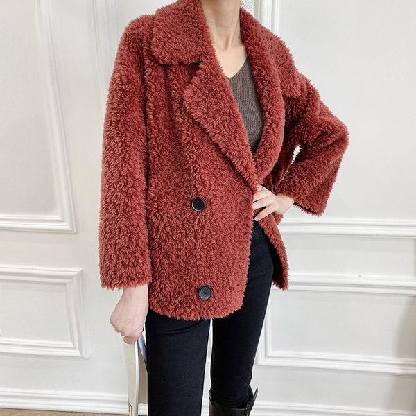

women's fur & faux 2021 women genuine wool short style coat winter warm sheep turn down collar button outerwear q287, Black