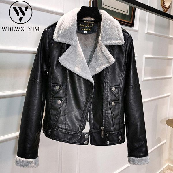 

winter women fashion pu leather jacket faux leather lambs wool motorcycle jackets coat female warm thick outerwear, Black
