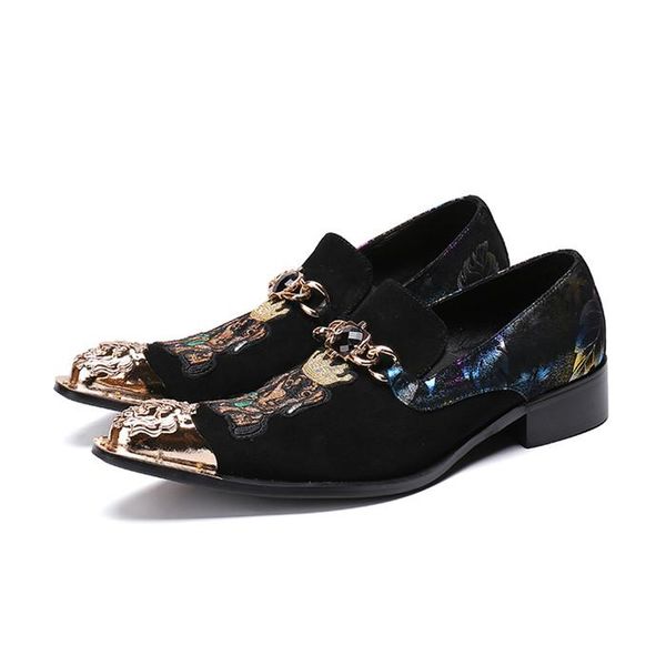 

embossed patchwork leather men shoes casual iron head pointed toe shoes printed metal increased fashion wedding dress, Black