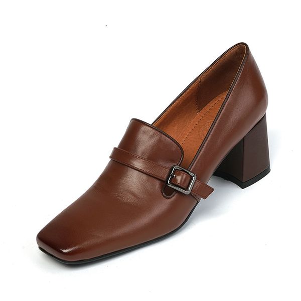 

retro women 2021 genuine pumps buckle stylish toe decoration lady dress thick women's shoes xb77, Black