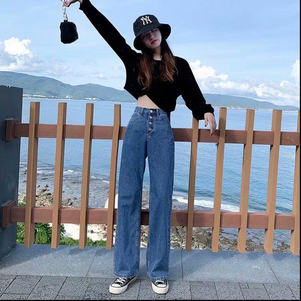 

jeans women leisure loose high waist retro wide leg womens jean korean style all match simple full length trendy chic zipper fly, Blue