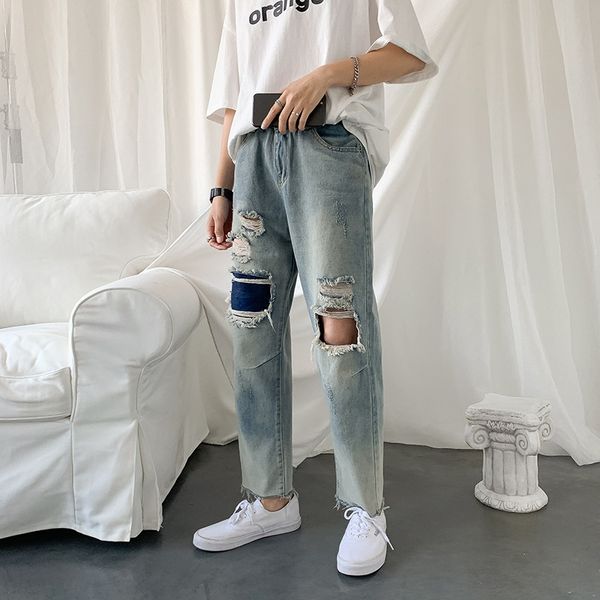 

wanghongchao br broken hole men's summer korean loose and versatile ankle-length pants jeans and jeans youth trend straight nine point, Blue