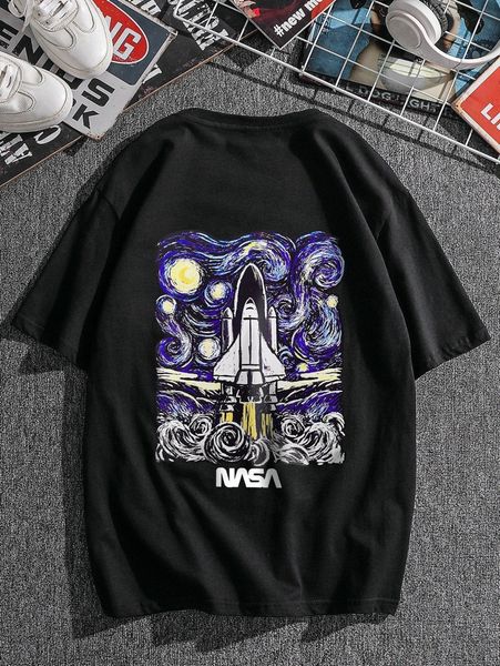 

men rocket & letter graphic tee l9k0#, White;black