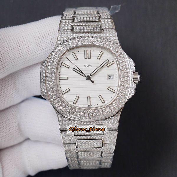 

version white date dial cal.324 sc automatic 5719/10g-010 sapphire mens watch silver diamond inlay iced out case bracelet luxry watches, Slivery;brown