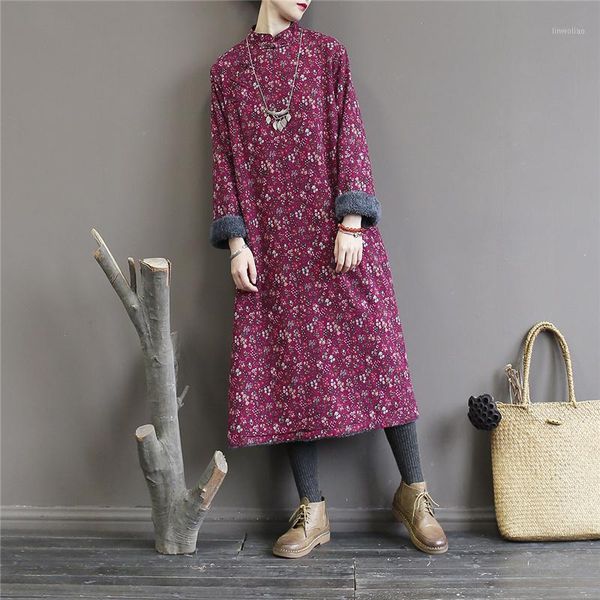 

johnature 2020 winter new chinese style dress cotton linen robes for women long sleeve plus fleece vintage warm dress1, Black;gray
