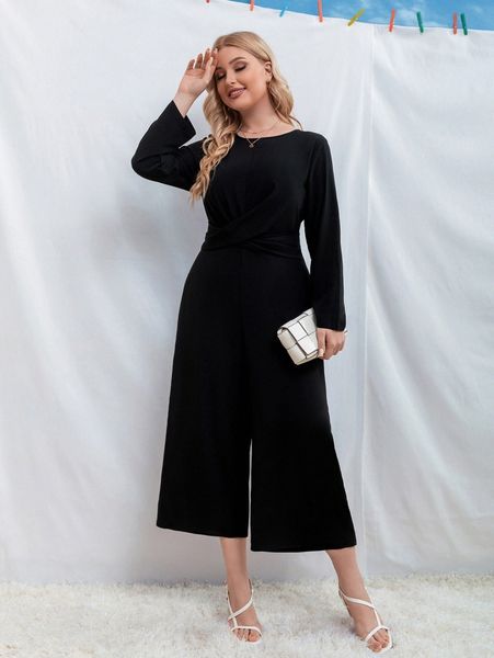 

plus crossover front wide leg jumpsuit j0ml#, Black
