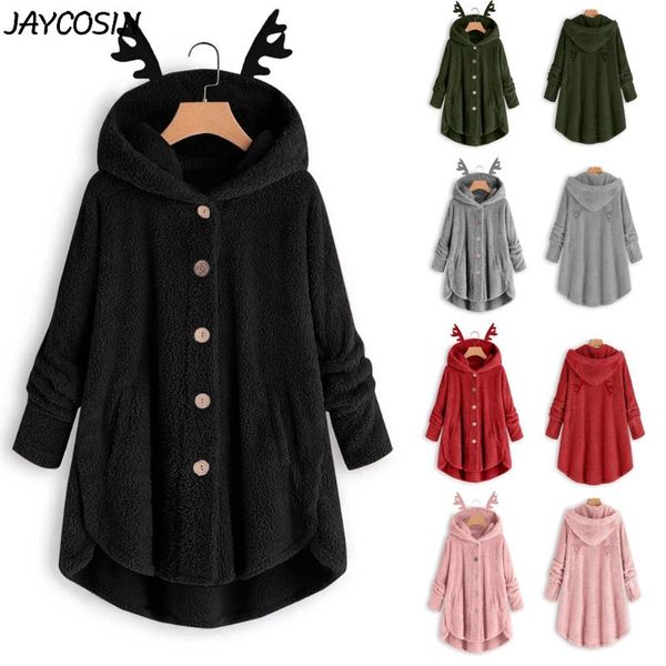 

women's wool & blends jaycosin christmas women coats solid plush antlers button pocket medium long hooded sweatshirt coat winter warm c, Black