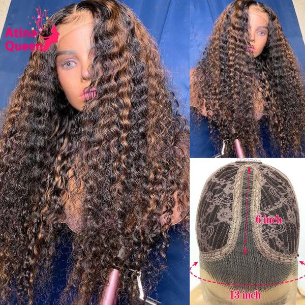 

lace wigs highlight afro curly front wig deep t part women hd transparent remy preplucked ombre 13x1 colored, Black;brown