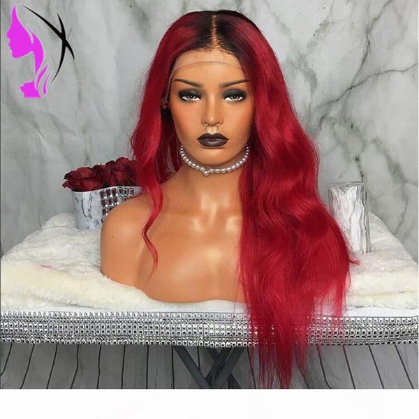 

fashion two tone simulation human hair wig body wave wigs with middle part ombre red color synthetic lace front wig for black women
