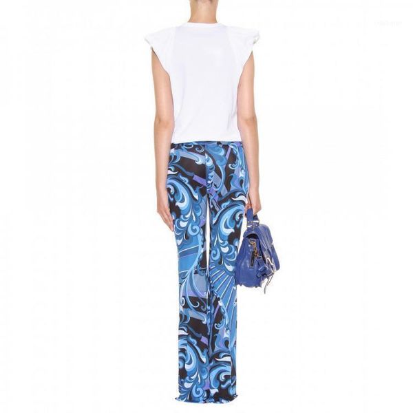 

2014 runway high street fashion women's blue geometric print jersey silk long flare pants women's luxury brands trousers1, Black;white