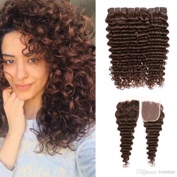 

8a deep curly wave bundles with closure #4 medium brown brazilian virgin hair 3 bundles with 4x4 lace closure remy human hair extensions, Black;brown