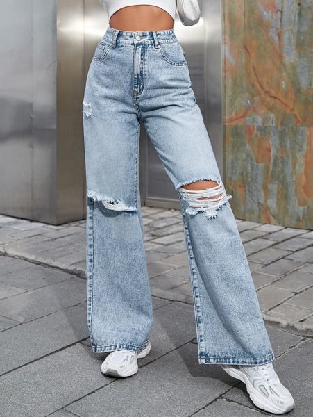 

high waist ripped wide leg jeans q3qu#, Blue