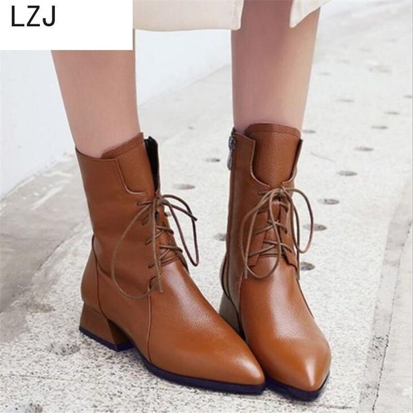 

boots lzj 2021 women autumn winter ankle pointed high heels thick heel leather booties1, Black