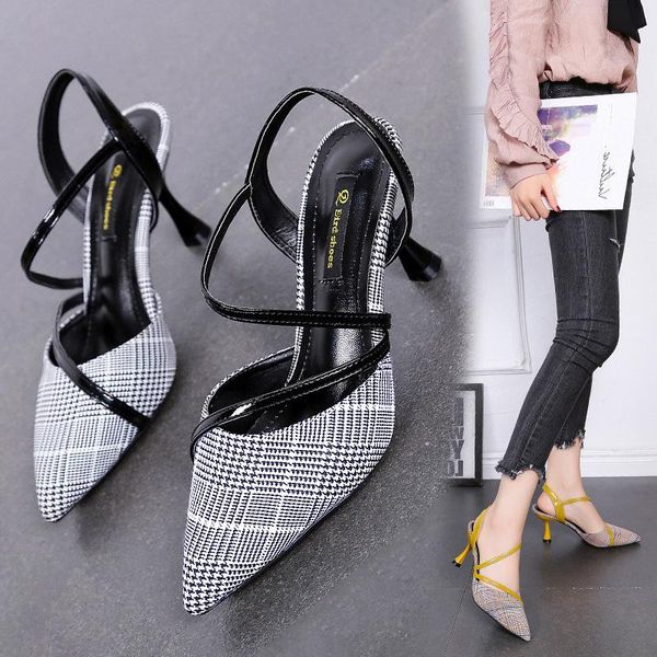 

woman sandals baotou sharp high-heeled shallow and thin with single shoe lattice women's shoes, Black