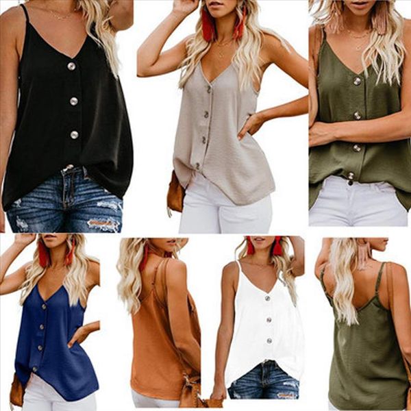 

summer spaghtti strap blouse women 2020 new casual sleeveless buttons adjustable v neck ladies chiffon blouses, White