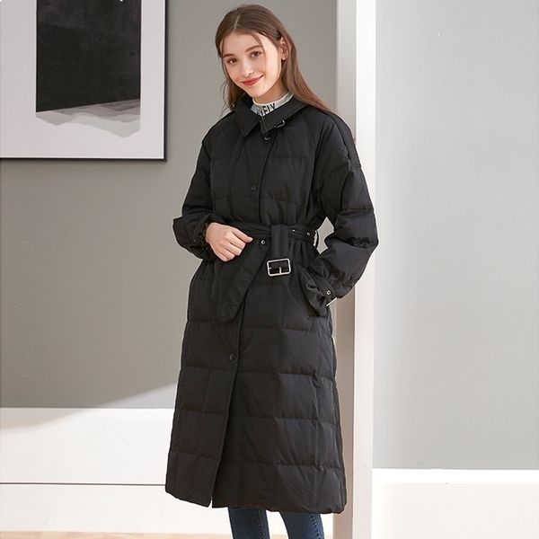 

winter 2021 new jacket turn collar single breasted 90% white long coat down parka with female outwear belt 47h9, Black
