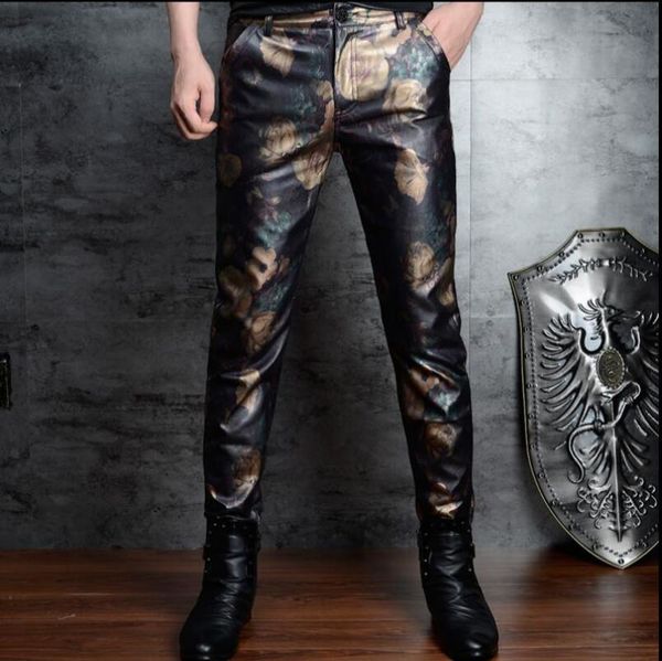 

men's pants 28-36 autumn winter men leather trousers plus velvet thick small foot camouflage print stylist style leisure boot, Black