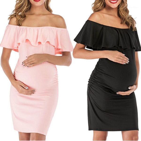 

maternity dresses clothes pregnant dress summer solid ruffle off shouder short sleeve breastfeeding nursing clothing1, White
