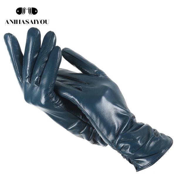 

classic pleated leather gloves women color real leather gloves women sheepskin genuine leather winter gloves women-2081 t200111, Blue;gray