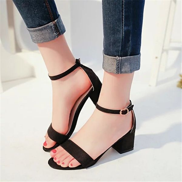 

summer new high heels women's shoes with open toe suede word buckle women sandals ankle strap rome shoes 34-40 y200405, Black