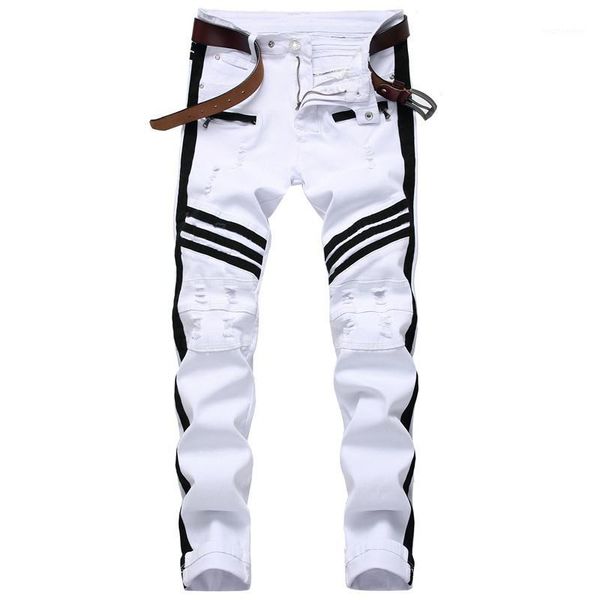 

hip-hop jeans mens casual jeans pants coated slim straight pleated biker jean pants male denim fashion pant white plus size 421, Blue