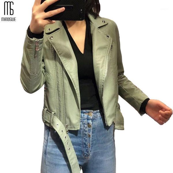 

manoswe fashion new army green pu leather jacket 2020 autumn motorcycle leather jacket women faux biker slim coat1, Black